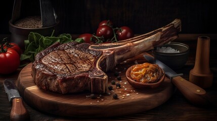 A thick and juicy tomahawk ribeye steak cooked to medium-rare perfection with a golden brown crust on the outside