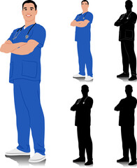 Hand-drawn healthcare worker. Happy smiling doctor with a stethoscope. Male nurse in blue uniform. Vector flat style illustration set isolated on white. Full length view 