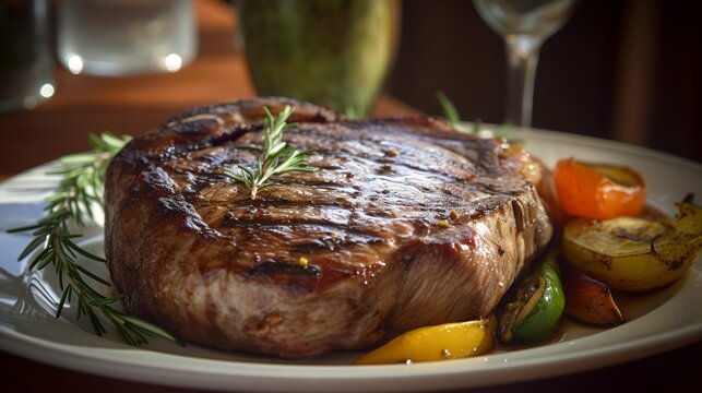 A delicious ribeye steak grilled to perfection, with beautiful grill marks on the outside and tender on the inside