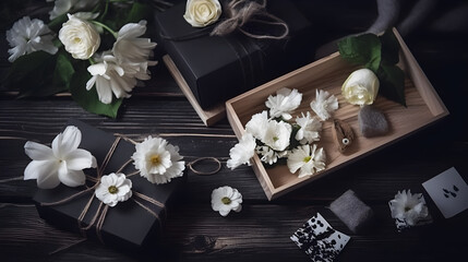flowers and gifts on a wooden dark background - generative ai