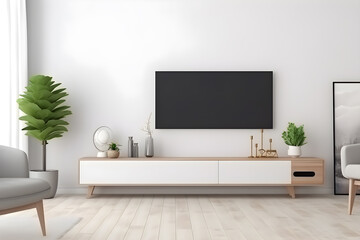 a modern living room with a tv and plant, in the style of minimalistic modern - generative ai
