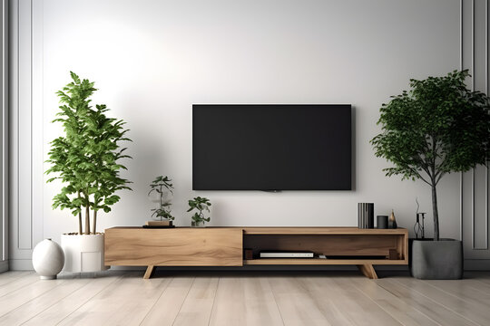 a modern living room with a tv and plant, in the style of minimalistic modern - generative ai