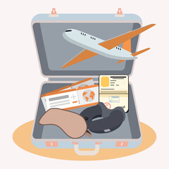 Isolated suitcase with different travel accesory items Vector