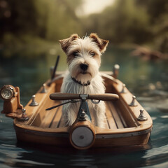 Perro blanco navegando en bote en un lago - obrazy, fototapety, plakaty