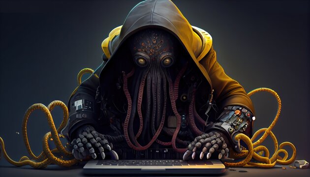 hacking octopus, digital art illustration, Generative AI