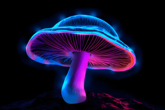 colorful mushrooms with lit up leaves on dark, in the style of futuristic psychedelia - generative ai