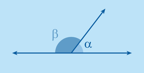 Fototapeta premium Adjacent angles in mathematics. Two angles with common vertex and side. Vector illustration isolated on blue background.