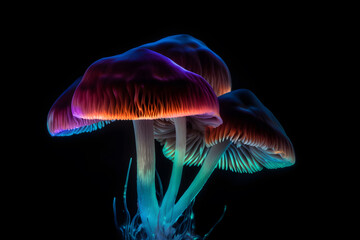colorful mushrooms with lit up leaves on dark, in the style of futuristic psychedelia - generative ai