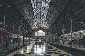 Rossio train station in Lisbon. Inside of the building with platform and train tracks waiting for departure