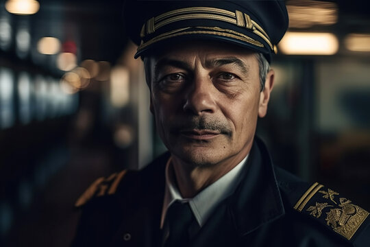 portrait of confident pilot captain of airplane at the airport. Generative AI