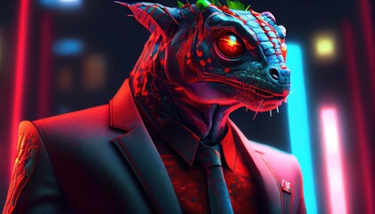 neon chameleon wearing suit, digital art illustration, Generative AI