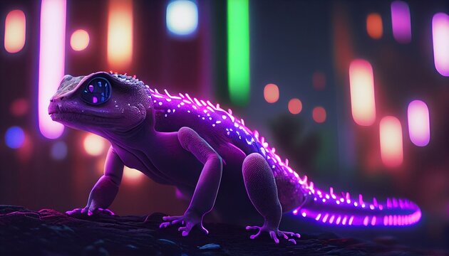 neon gecko, digital art illustration, Generative AI