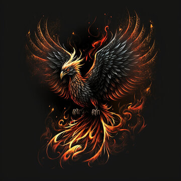 a flaming phoenix bird illustration, a symbol of rebirth and triumph, black background