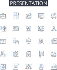 Presentation line icons collection. Performance, Demonstration, Show, Display, Lecture, Exhibit, Explanation vector and linear illustration. Pitch,Discourse,Report outline signs set