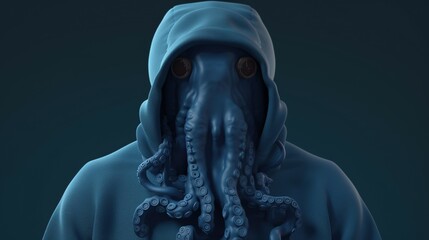octopus wearing blue hoodie, digital art illustration, Generative AI