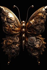 Gold butterfly with flowers in black background Generative Ai
