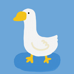 Cute cartoon drawing goose isolated on blue background.