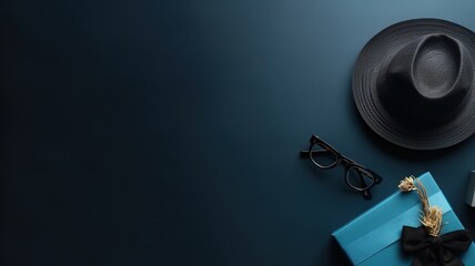 Father's day sale background template with hat, eyeglasses, and gift box with copy space for text. Generative AI