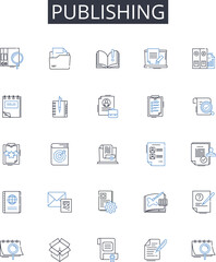 Publishing line icons collection. Printing press, Bookmaking, Magazine creation, Article releasing, Report production, Newsletter issuing, Journal publication vector and linear illustration. Report