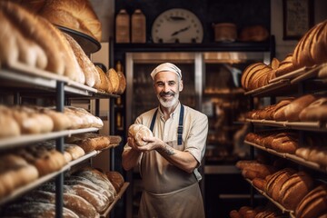 Mature man baker in bakery shop looking at camera and smiling. Generative AI - obrazy, fototapety, plakaty