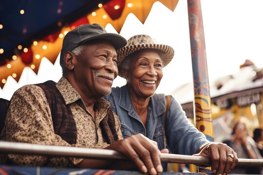 Happy senior African American couple enjoy afternoon at carnival festival. Generative AI