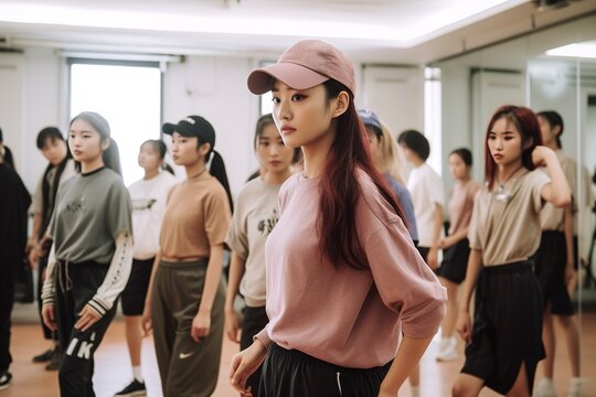 K-pop dance class with Asian girls students. Generative AI