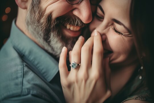 Happy couple after proposal. Close up shot to ring on woman's hand. Generative AI