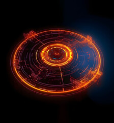 Futuristic orange neon abstract circle, circular mart system. Science disc with navigation, Generative AI