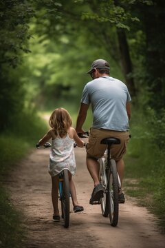 Father and his little daughter enjoying riding bikes in the forest. Generative AI Vertical shot
