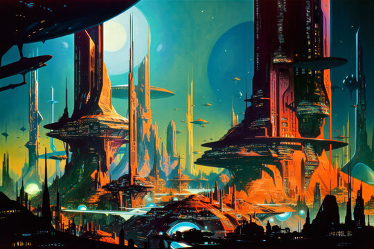 Vintage pulp sci fi art, geometric science fiction futuristic architecture, exterior building design, concept art. Generative AI