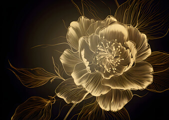 Luxury golden rose flower line art background vector. Natural botanical elegant flower with gold line art, Generative AI