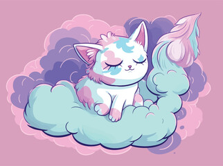 Snooze & Sweets: A Sleepy Cartoon Cat's Dreamland on Cotton Candy Clouds