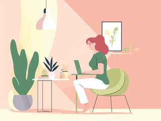 Simplified Efficiency: A Minimalistic Illustration of a Woman on her Laptop in Light Magenta and Amber
