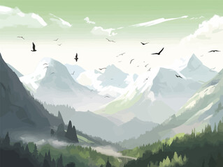 Nature's Perspective: A Forced Perspective Illustration of a Panoramic Mountain Range with Flying Birds
