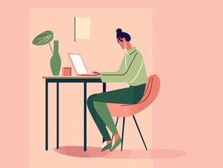 Beige and Green Computing: A Vintage Modernist Illustration of a Character on their Laptop