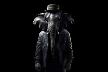aanthropomorphism elephant in a stylish blue business suit on blue background, an animal entrepreneur, business concept. generative ai