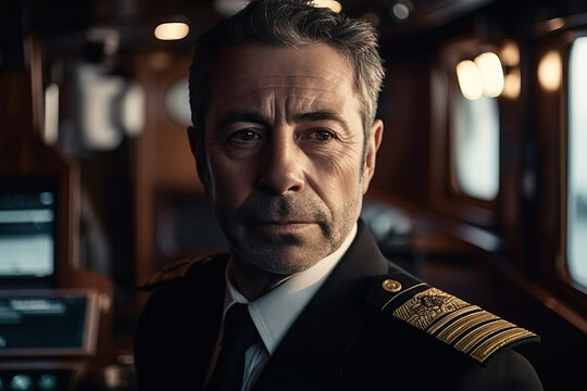 portrait of sailor captain of ship in interior of a cruise boat. Generative AI