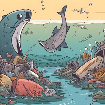 polluted sea with fish swimming above rubbish and garbage cartoon style