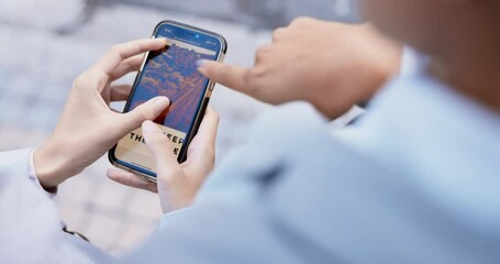 Friends hands, phone screen and road trip planner app of people looking at location website for adventure. Outdoor, woman and mobile scroll on social media and web for travel inspiration with article