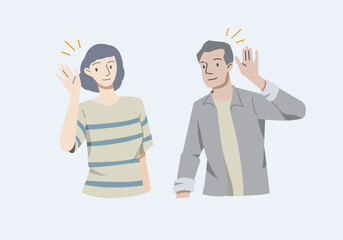 People smiles and holds hand near his ear. The guy listening or hearing and accept all opinion.Comunication concept.Vector illustration. - obrazy, fototapety, plakaty
