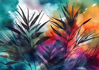 Watercolor painting depicting the silhouette of tropical leaves against a vivid, multicolored backdrop, evoking a sense of exotic wilderness