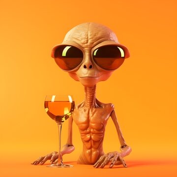 alien with a glass of wine cartoon style on a dark yellow orange background