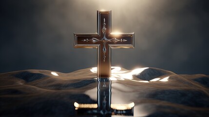 Christian cross on a dark background. 3D rendering.Generative Ai