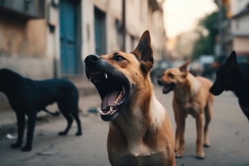 Scary pack of aggressive stray dogs attacks stranger and barks loudly and shouts. Dangerous accident on the street, generative AI - obrazy, fototapety, plakaty