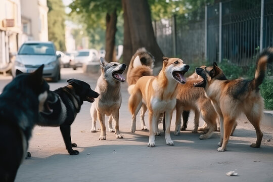 Scary pack of aggressive stray dogs attacks stranger and barks loudly and shouts. Dangerous accident on the street, generative AI