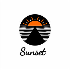 Sunset illustration vector logo design with abstract waves.