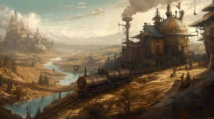 Streampunk train station and factory overlooking a valley and river, AI