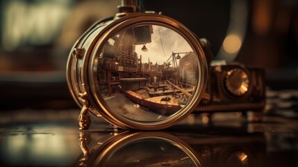 steampunk spyglass reflecting a steam construction yard, AI