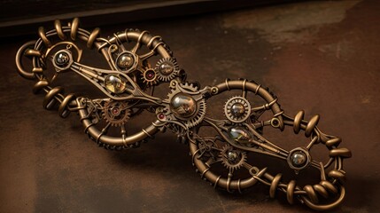 Obraz premium Steampunk jewelry on a table, bronze or copper and metal work, hair clip or broach, AI