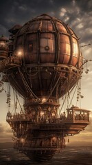 Steampunk hot air balloon rendering background, AI